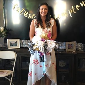 White wrap dress with red flowers